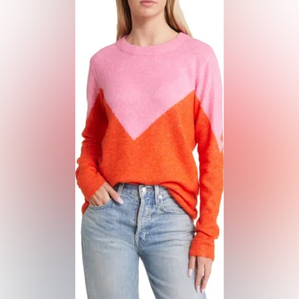 VERO MODA Plaza Colorblock Crewneck Orange & Pink Sweater XL